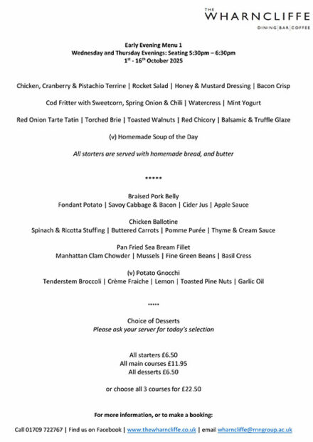 Early Evening Menu 1 Wednesdays and Thursdays 1st to 16th October 2025
