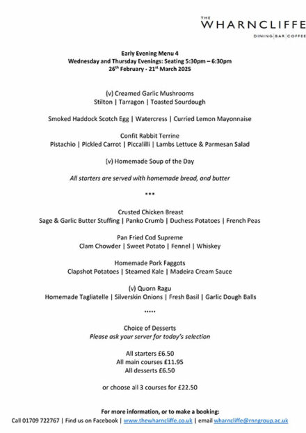 The Wharncliffe early evening menu 4 - Feb-March 2025