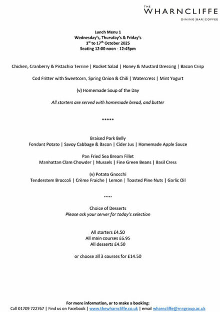Lunch Menu 1 Wednesdays and Thursdays 1st to 17th October 2025