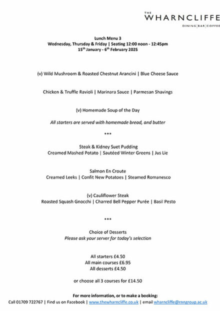 The Wharncliffe - Lunch Menu 3 - Jan/Feb 2025